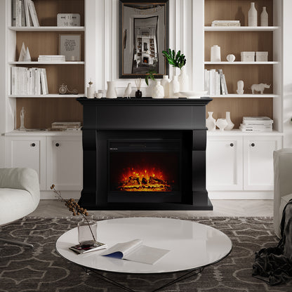 Bago 129cm 1950W LED Electric Fireplace with Mantel Black set in white cabinetry, surrounded by decor on shelves, offers a cozy, Scandinavian-inspired living room ambiance with a sleek, modern design.