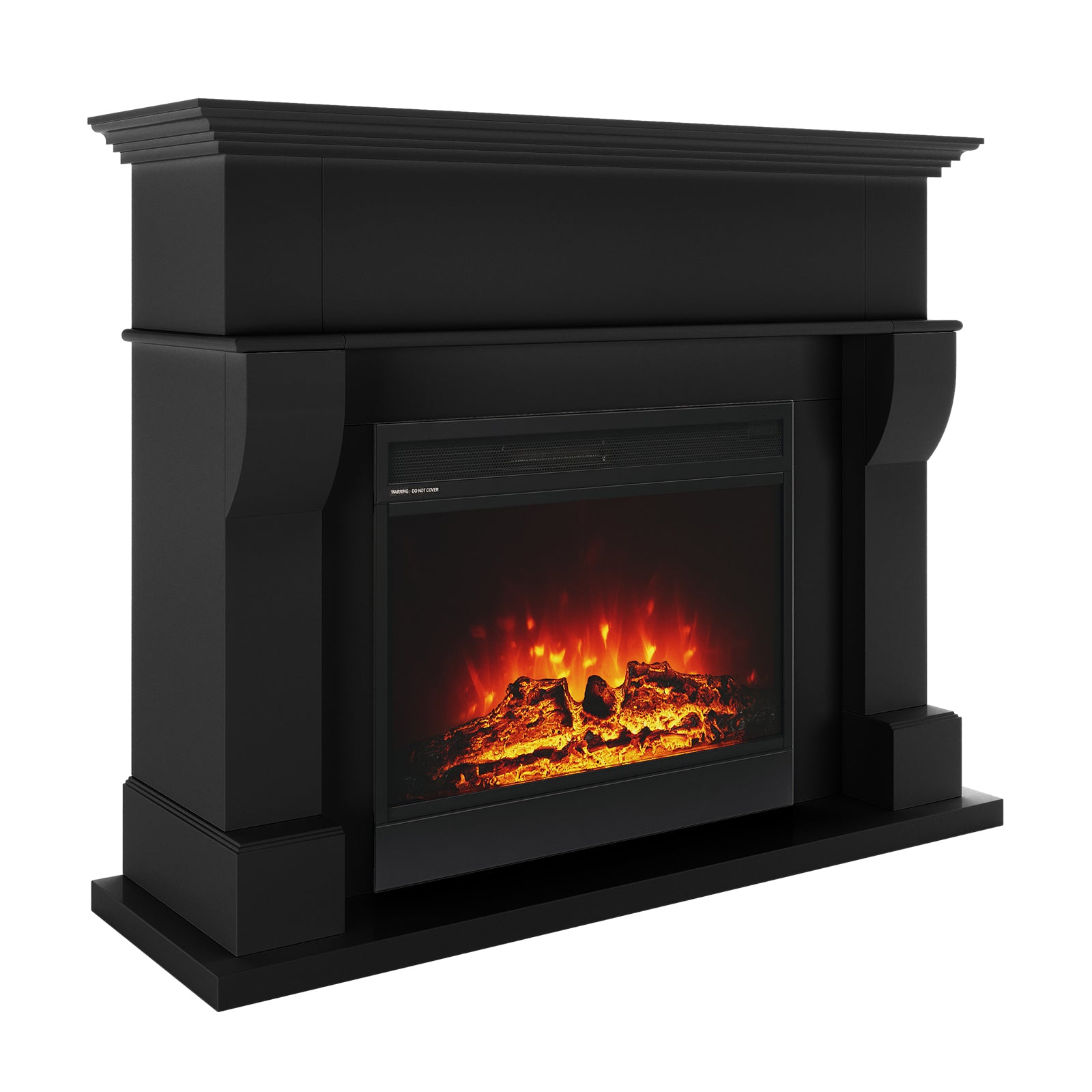 Bago 129cm 1950W LED Electric Fireplace with Mantel Black, featuring a mantel-style surround, glowing simulated log-and-flame effect, and a wide top shelf, creating a cosy, elegant room centerpiece.