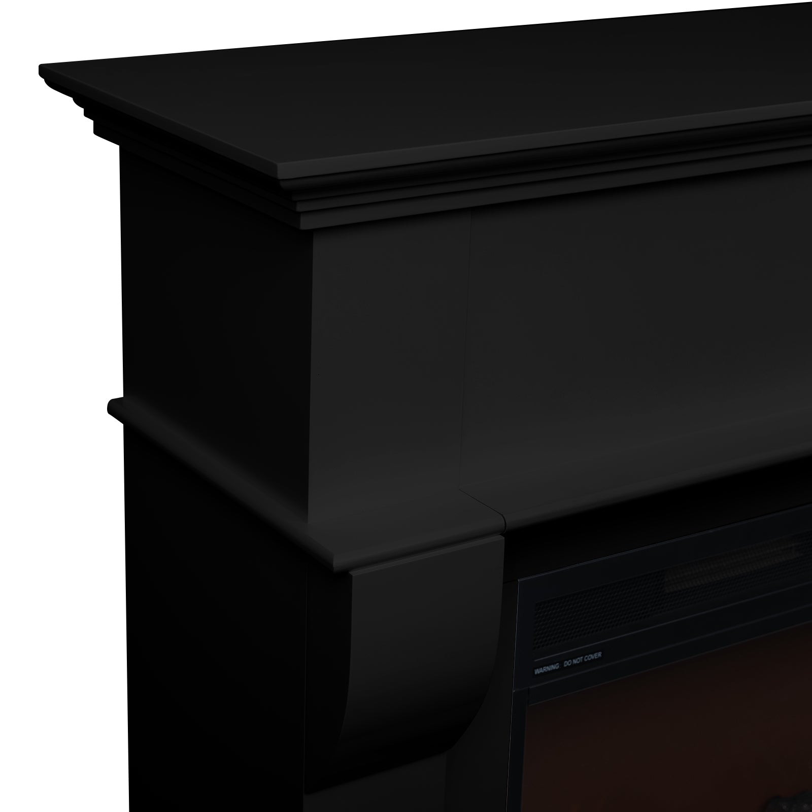 Close-up of the Bago 129cm 1950W LED Electric Fireplace with Mantel Black, showing the mantel's detailing and the electric unit's top with a visible DO NOT COVER warning label.