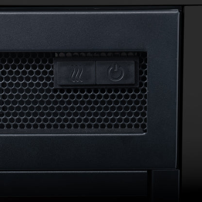 Close-up of the Bago 129cm 1950W LED Electric Fireplace with Mantel Black, showing a perforated metal grille and two buttons for heat and power control, emphasizing its sleek, modern design.
