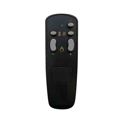 Bago 129cm 1950W LED Electric Fireplace with Mantel Black, featuring a handheld remote with power, timer, heat, flame control, and adjustable temperature buttons, enhancing warmth and ambiance.