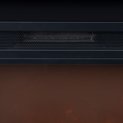 Bago 129cm 1950W LED Electric Fireplace with Mantel Black features a black metal housing, honeycomb grille, and warm orange glow from the simulated ember bed, offering a cosy, realistic fireplace effect.