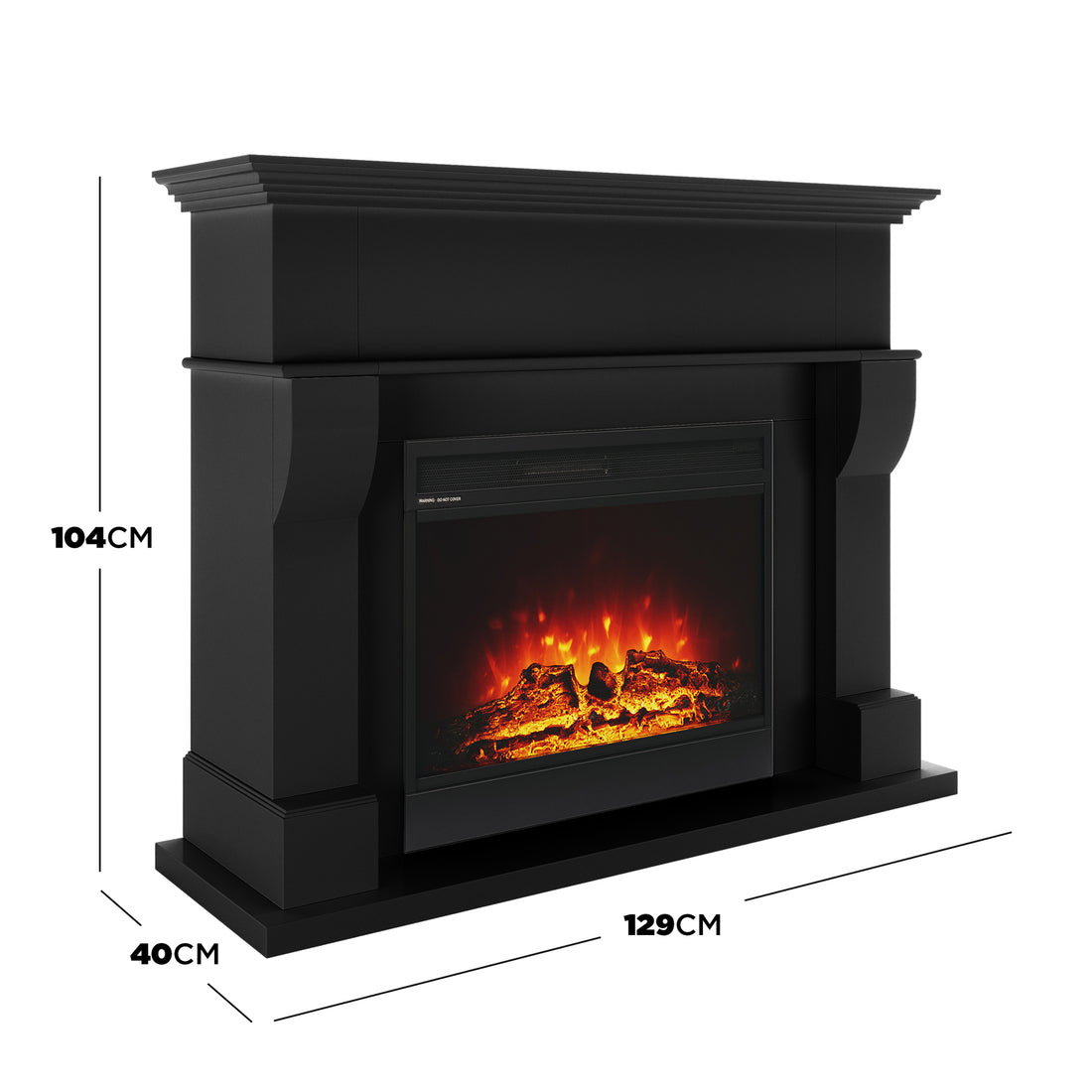 Bago 129cm 1950W LED Electric Fireplace with Mantel Black featuring a matte black mantel, inset flame box with glowing log effect; dimensions: 129 cm wide, 40 cm deep, 104 cm tall.