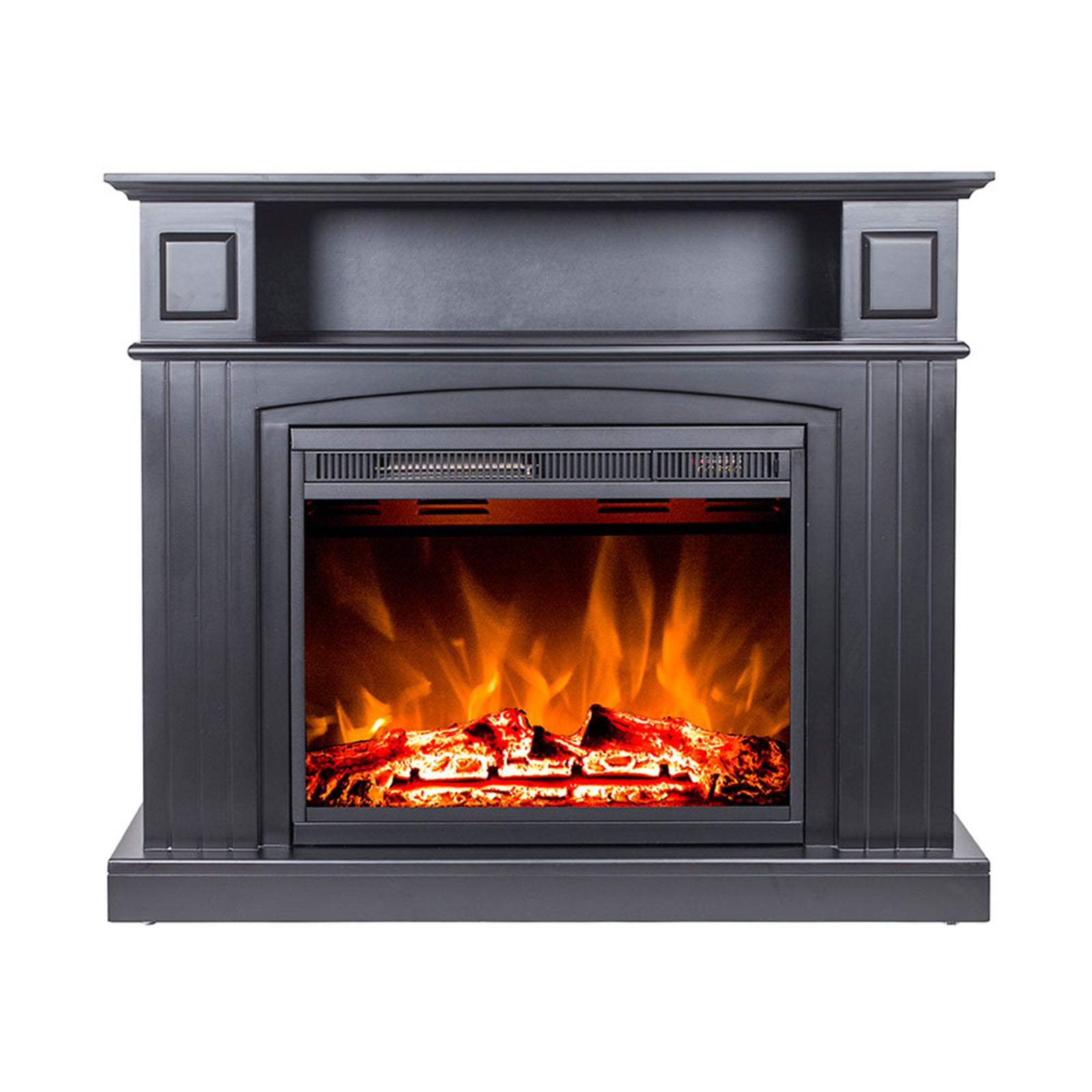 Banhi 1500W Electric Fireplace Heater with Mantel in Black, featuring a realistic LED flame effect and a sleek, durable design. Ideal for adding warmth and elegance to any room.