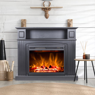 Banhi 1500W Electric Fireplace Heater with Mantel in Black, featuring LED flames and adjustable heat, set in a cozy vignette with deer-head decor, birch logs, and a woven jute rug.