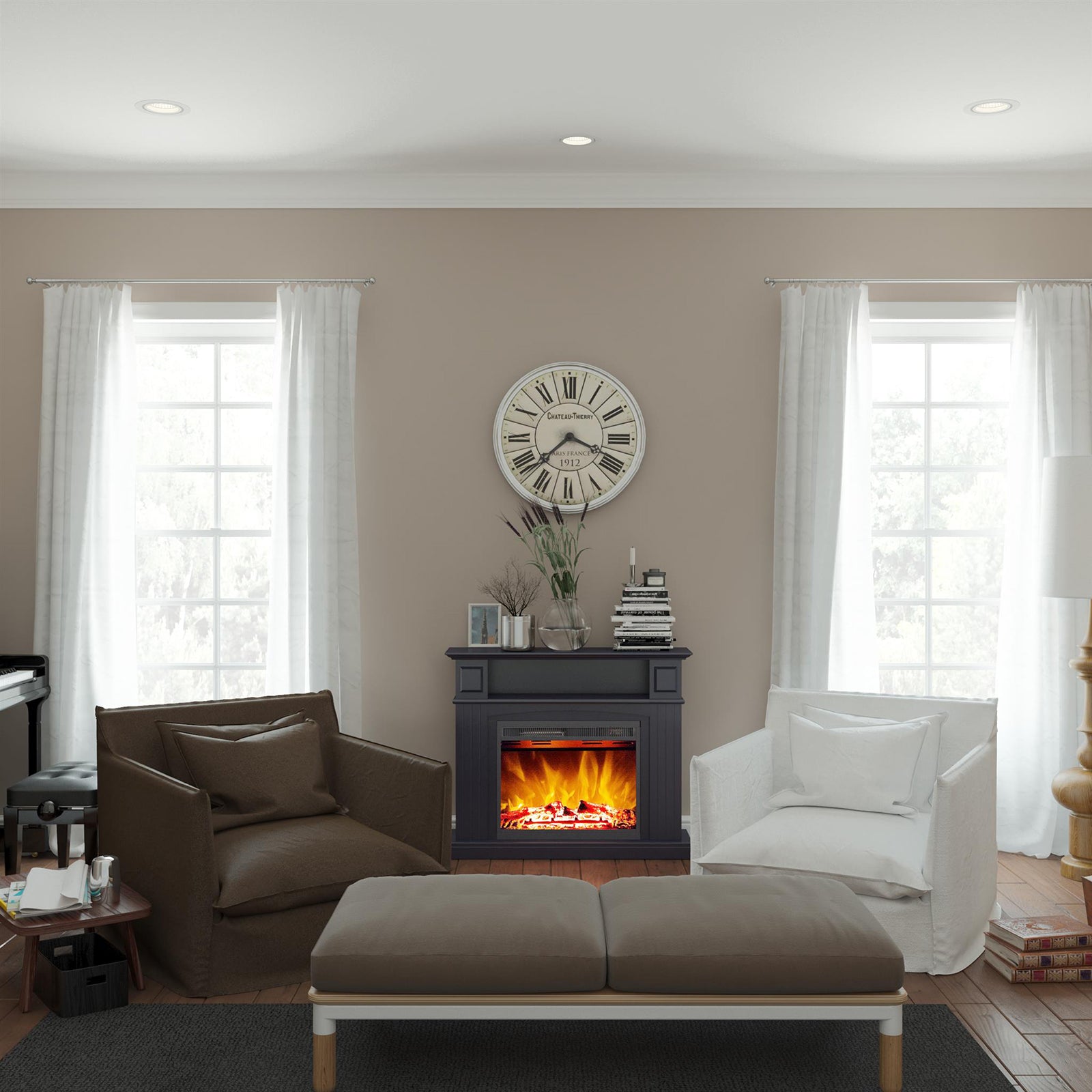 Banhi 1500W Electric Fireplace Heater with Mantel in Black, featuring realistic LED flames, stands centrally in a cozy living room with tall windows, a round clock above, and upholstered armchairs nearby.