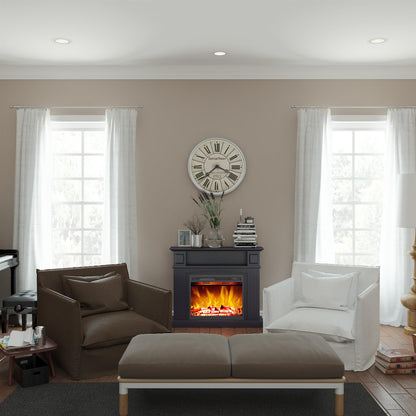 Banhi 1500W Electric Fireplace Heater with Mantel in Black, featuring realistic LED flames, stands centrally in a cozy living room with tall windows, a round clock above, and upholstered armchairs nearby.