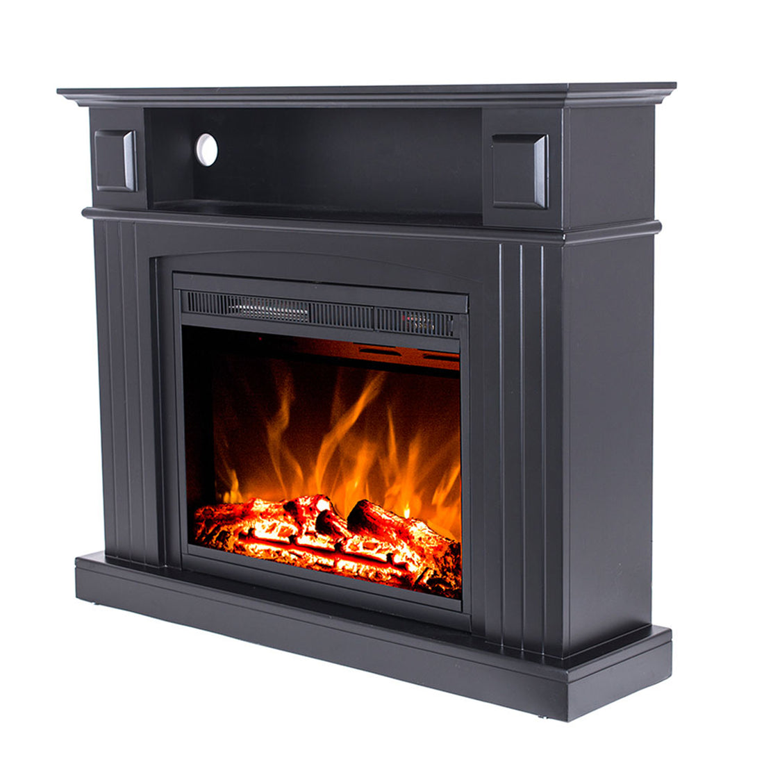 Banhi 1500W Electric Fireplace Heater with Mantel in Black features a glass-fronted firebox with LED flames and logs, topped by a mantel shelf suitable for a TV or decor.