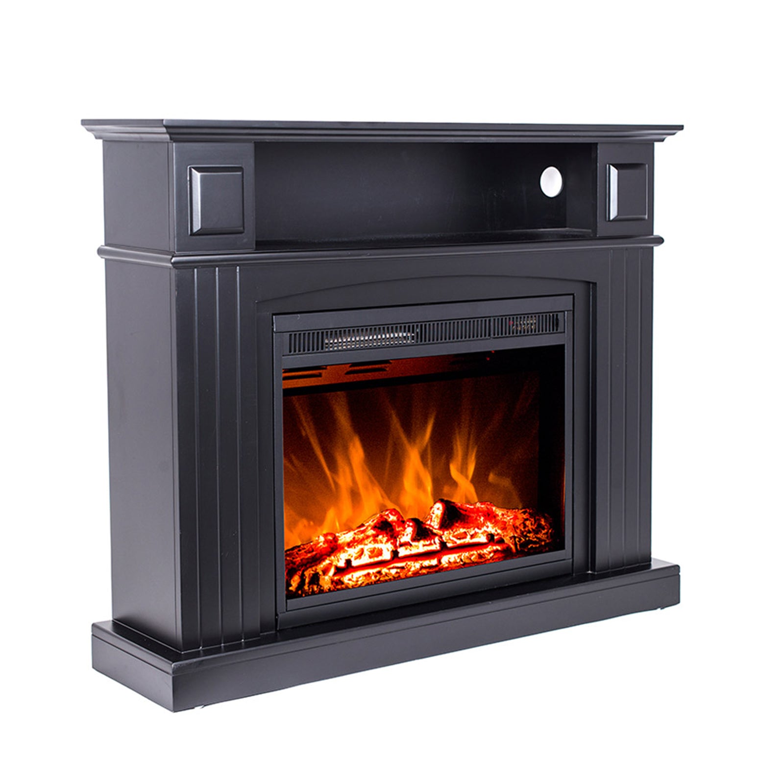 Banhi 1500W Electric Fireplace Heater with Mantel in Black; features glowing LED flames, ember bed, small open shelf above, and a simple mantel surround, offering warmth and style without real fire.