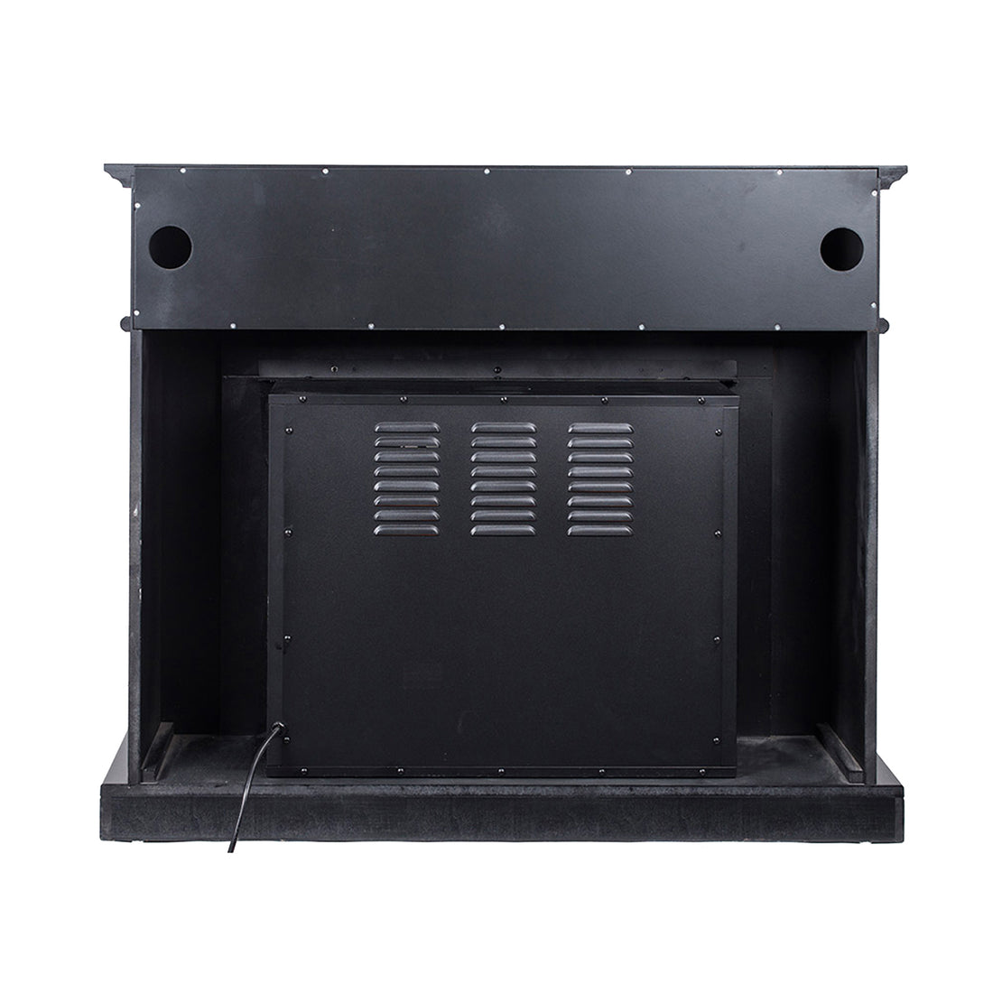 Rear view of Banhi 1500W Electric Fireplace Heater with Mantel in Black, showing matte black housing, circular vent cut-outs, vented metal panel, and emerging power cord for efficient warmth.