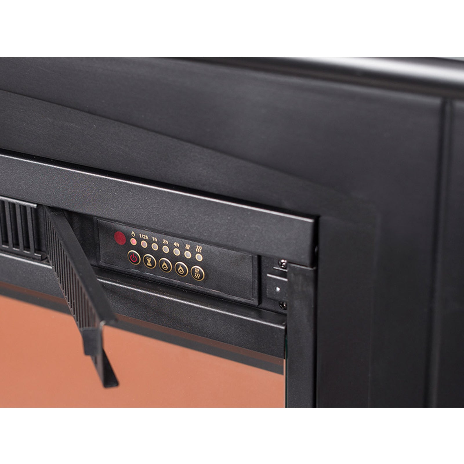 Close-up of the Banhi 1500W Electric Fireplace Heater with Mantel in Black, featuring a flip-down vent, touch control panel for power, timer, and flame settings, and a tinted glass panel for LED flames.