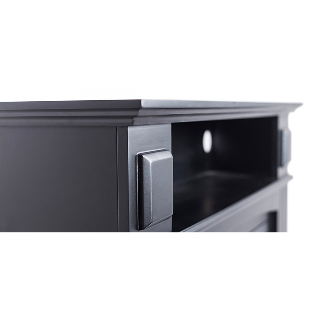 Close-up of the Banhi 1500W Electric Fireplace Heater with Mantel in Black, showing a matte-black media console corner, open cubby with cable hole, and sliding-door pull, highlighting its sleek, modern design.