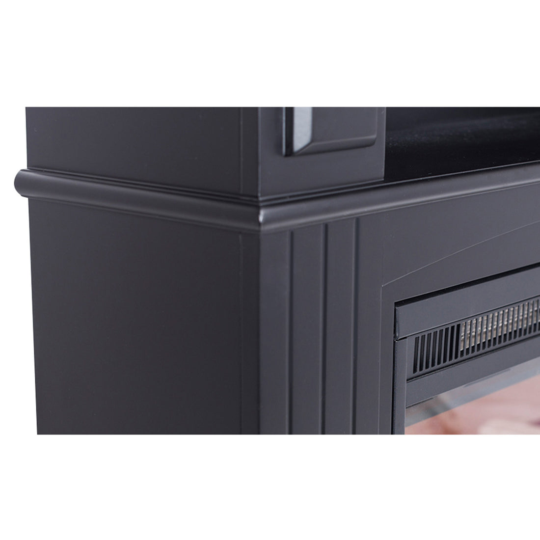 Close-up of the Banhi 1500W Electric Fireplace Heater with Mantel in Black, showcasing the moulded surround and vent slots above the glass firebox for a classic, elegant finish.