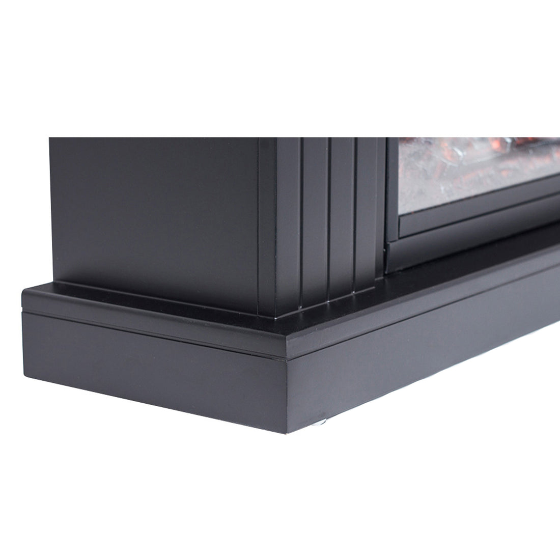 Close-up of Banhi 1500W Electric Fireplace Heater with Mantel in Black, showcasing the molded baseboard, vertical trim details, and the glass front displaying glowing ember effects.