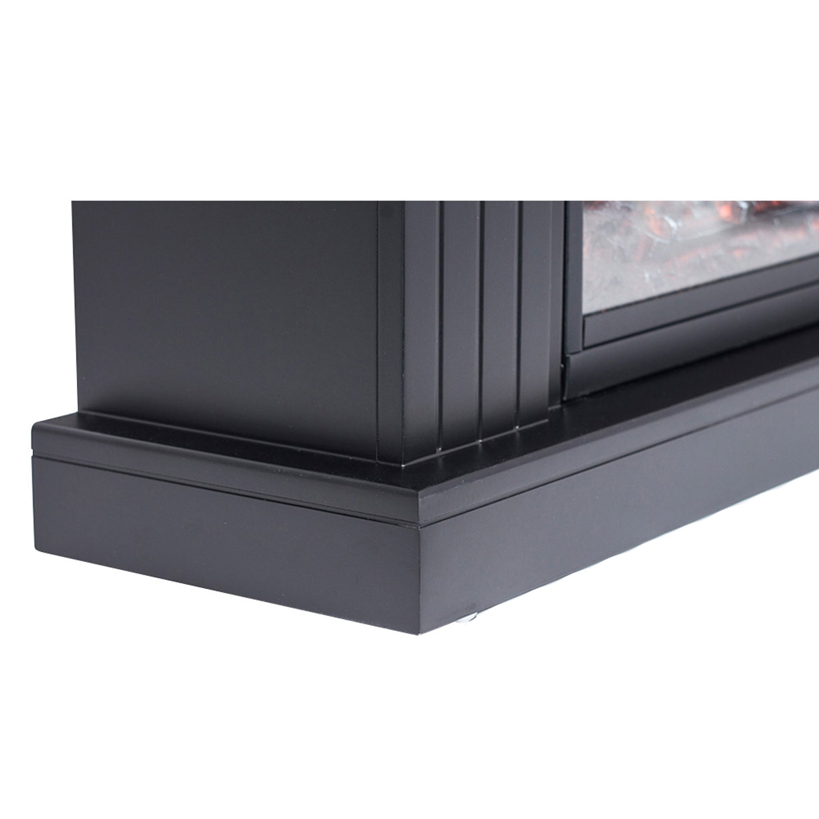 Close-up of Banhi 1500W Electric Fireplace Heater with Mantel in Black, showcasing the molded baseboard, vertical trim details, and the glass front displaying glowing ember effects.