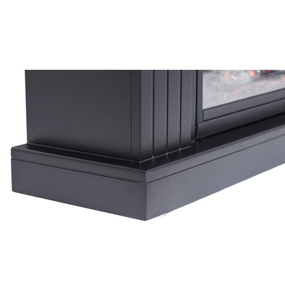 Close-up of Banhi 1500W Electric Fireplace Heater with Mantel in Black, showcasing the molded baseboard, vertical trim details, and the glass front displaying glowing ember effects.