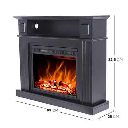 Banhi 1500W Electric Fireplace Heater with Mantel in Black, featuring a slim design with glowing log set, simulated flames, and a mantel shelf with cable pass-through for stylish, efficient home warmth.