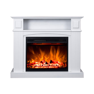 Banhi 1500W Electric Fireplace Heater with Mantel in White, featuring a classic mantel design, inset firebox with glowing embers, and realistic LED flames for a cozy atmosphere.