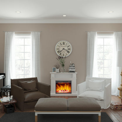 Banhi 1500W Electric Fireplace Heater with Mantel in White, featuring an elegant design with LED flames, flanked by windows and complemented by cozy armchairs in a modern-rustic living room setting.