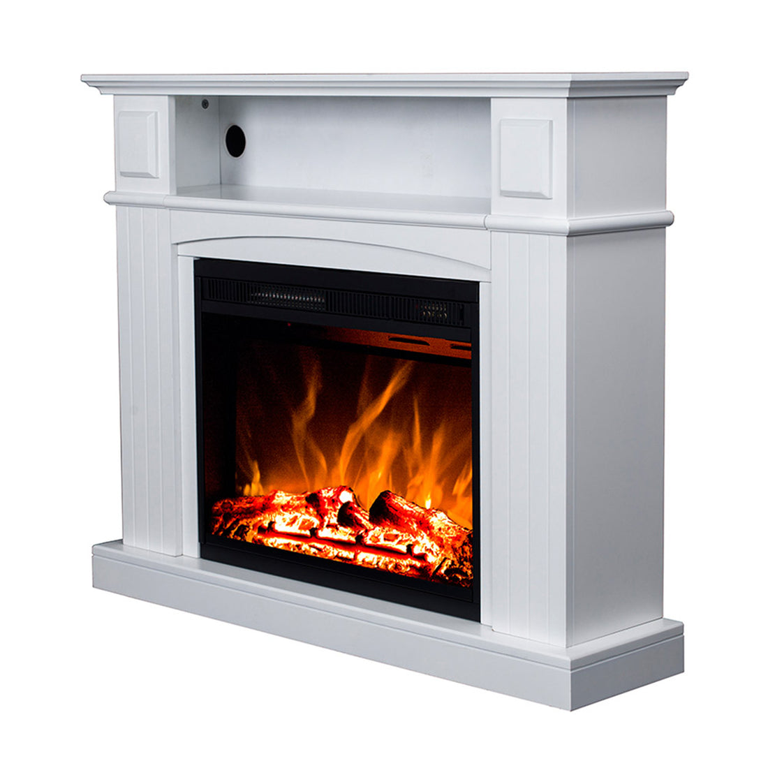 Banhi 1500W Electric Fireplace Heater with Mantel in White, featuring paneled pilasters, a recessed cubby, and a glowing log-and-flame insert, offering a stylish and cosy atmosphere.