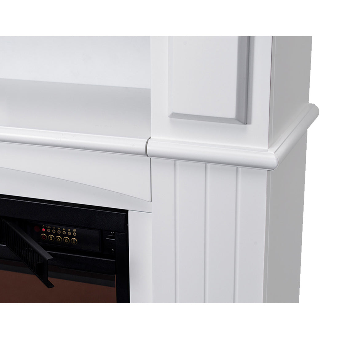 Close-up of the Banhi 1500W Electric Fireplace Heater with Mantel in White, highlighting the elegant corner trim and panel molding, and the black control panel of the built-in electric fireplace.