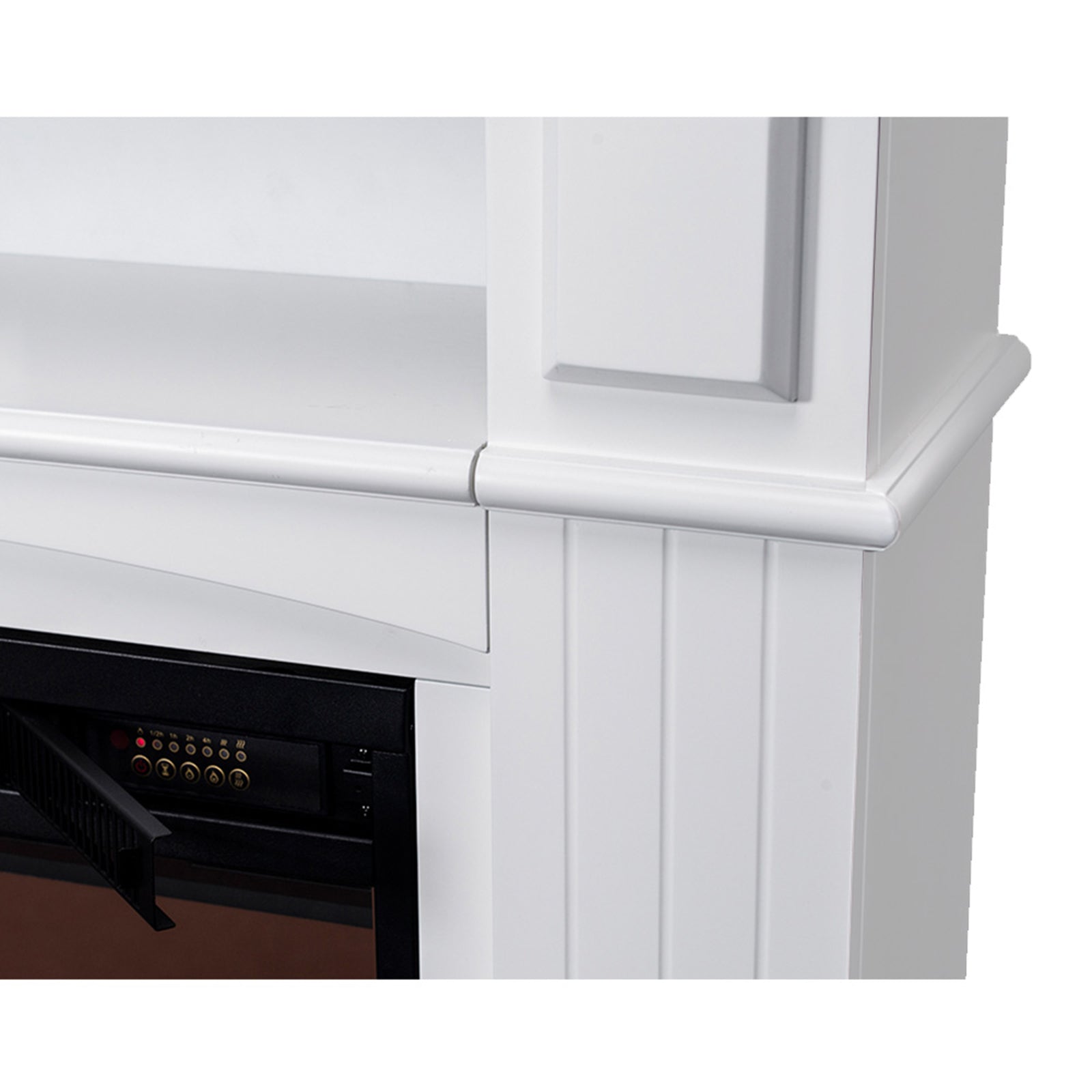 Close-up of the Banhi 1500W Electric Fireplace Heater with Mantel in White, highlighting the elegant corner trim and panel molding, and the black control panel of the built-in electric fireplace.