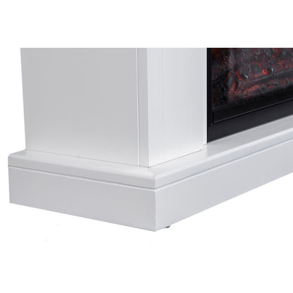 Close-up of Banhi 1500W Electric Fireplace Heater with Mantel in White, showcasing the base molding, vertical pilaster, and black-framed glass insert with glowing ember-style logs.