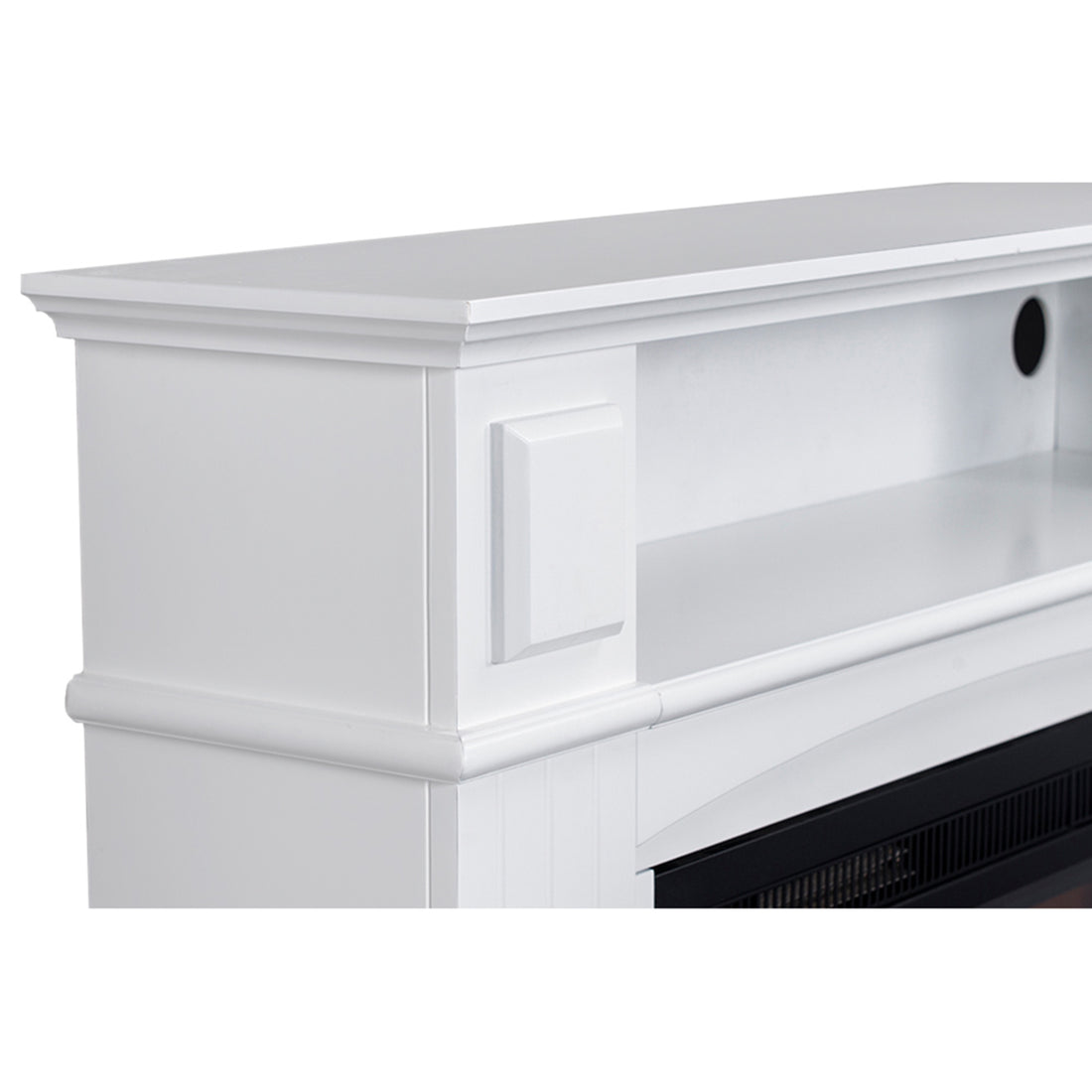 Close-up of the Banhi 1500W Electric Fireplace Heater with Mantel in White, showcasing the top shelf, cubby with cable-management hole, and the edge of the electric firebox insert below.