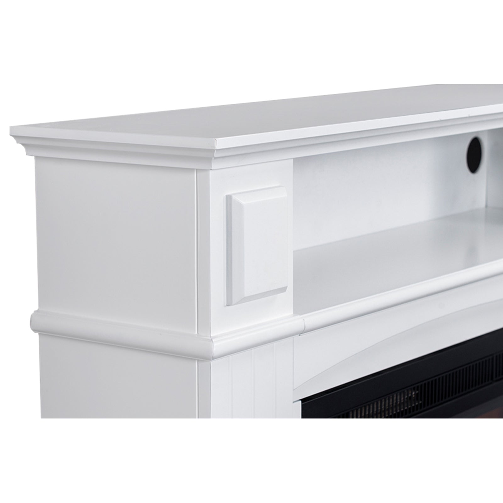 Close-up of the Banhi 1500W Electric Fireplace Heater with Mantel in White, showcasing the top shelf, cubby with cable-management hole, and the edge of the electric firebox insert below.