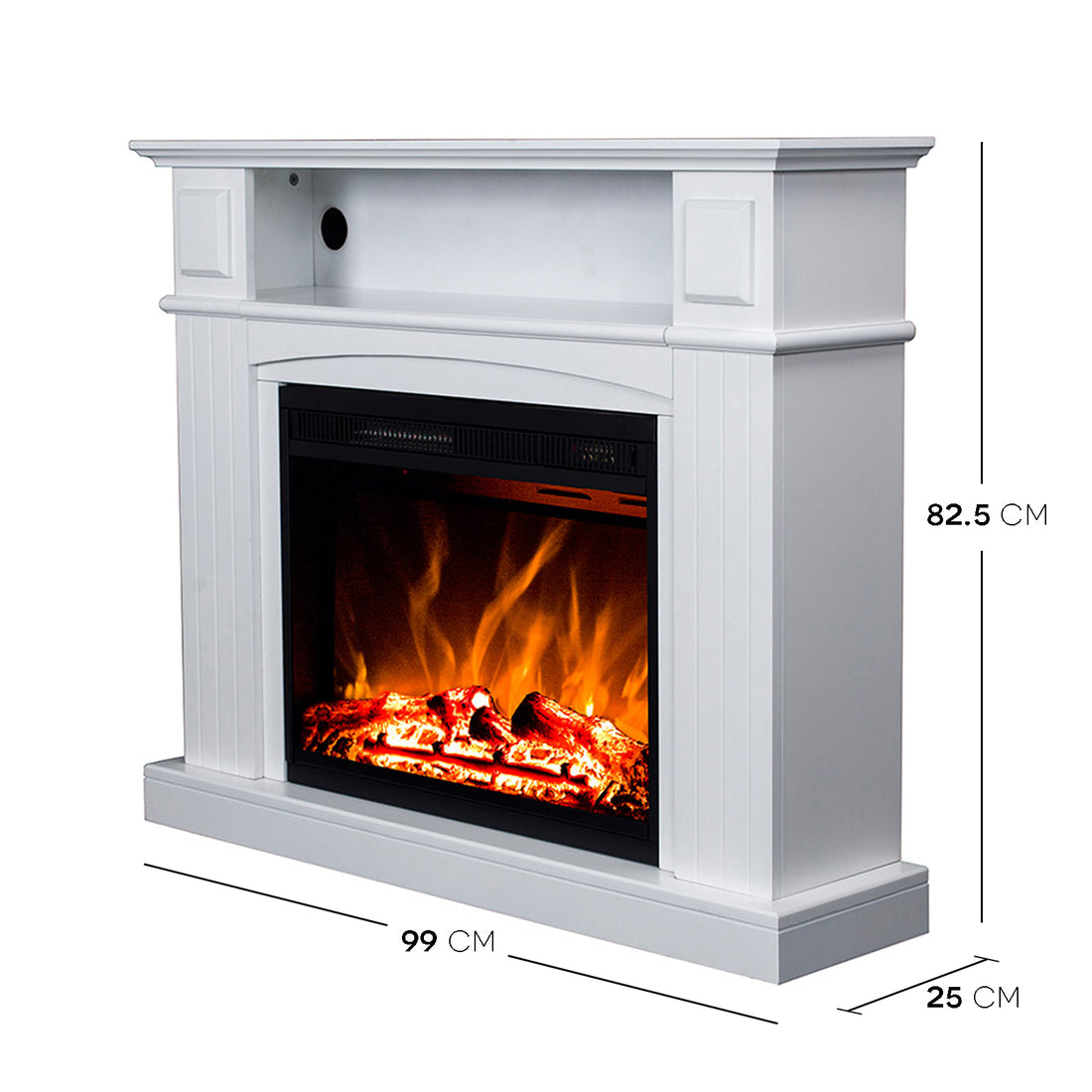 Banhi 1500W Electric Fireplace Heater with Mantel in White, featuring a freestanding design with glowing logs and flickering LED flames, creating a warm, inviting atmosphere with adjustable heat settings.