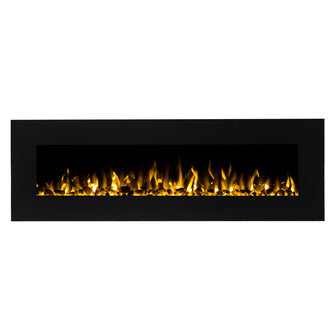 Dakota 60 Wall Mounted 1500W Electric Fireplace Heater features a sleek black design with glowing orange-yellow LED flames over decorative stones, enhancing any room with warmth and modern elegance.