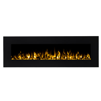 Dakota 60 Wall Mounted 1500W Electric Fireplace Heater features a sleek black design with glowing orange-yellow LED flames over decorative stones, enhancing any room with warmth and modern elegance.