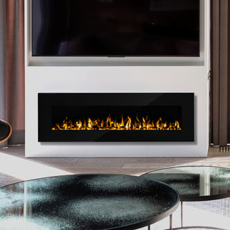 Dakota 60 Wall Mounted 1500W Electric Fireplace Heater Black features realistic flames over black stones under a TV, framed by floor-length curtains, creating a sleek, modern ambiance.