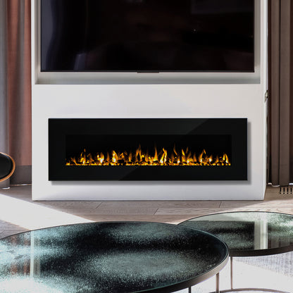 Dakota 60 Wall Mounted 1500W Electric Fireplace Heater Black features realistic flames over black stones under a TV, framed by floor-length curtains, creating a sleek, modern ambiance.