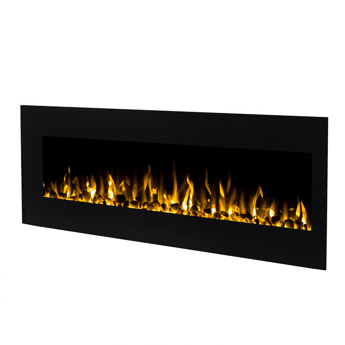 Dakota 60 Wall Mounted 1500W Electric Fireplace Heater Black features glowing faux flames over decorative stones, encased in a sleek black frame, offering a modern heating solution.