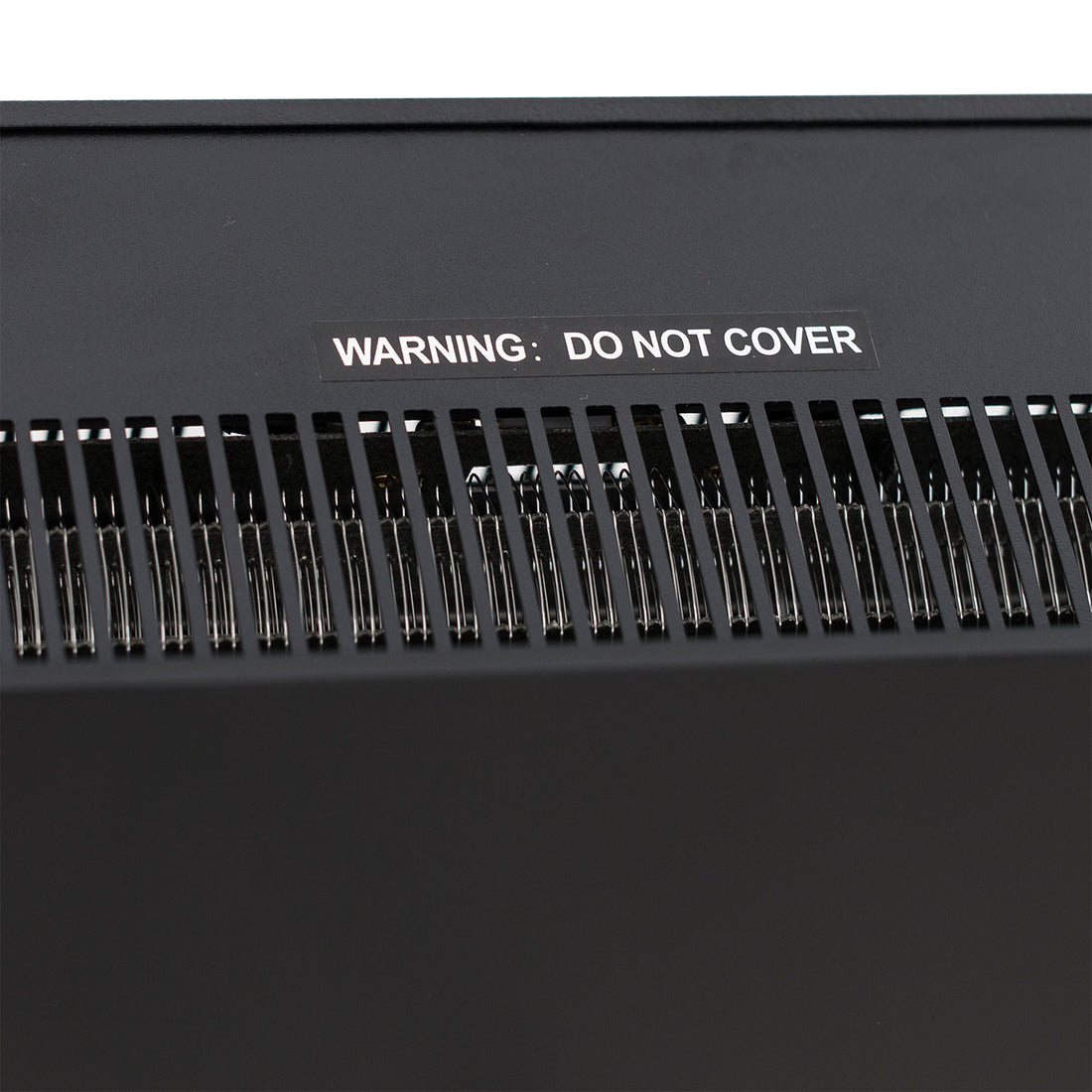 Dakota 60 Wall Mounted 1500W Electric Fireplace Heater Black with visible vent slots and coiled heating element, featuring a “WARNING: DO NOT COVER” label on top for safety.