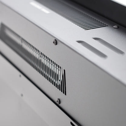 Dakota 60 Wall Mounted 1500W Electric Fireplace Heater features a sleek metal chassis with ventilation slots and mounting screws, showcasing modern design and functionality.