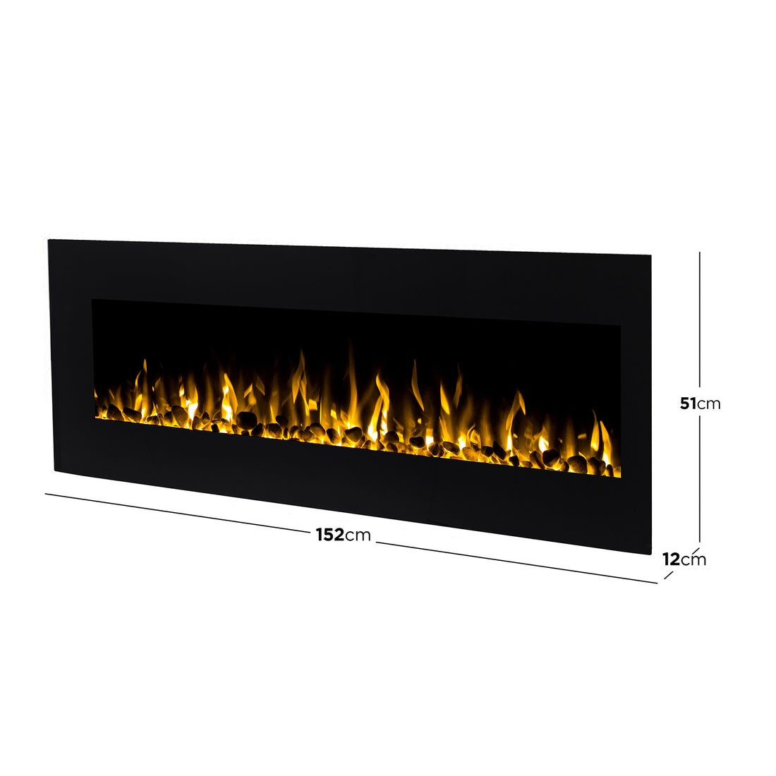 Dakota 60 Wall Mounted 1500W Electric Fireplace Heater Black features a slim design with glowing yellow-orange flames over decorative stones, encompassed by a sleek black metal frame. Dimensions: 152 cm x 51 cm x 12 cm.