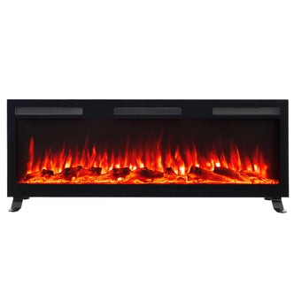 Nebraska 1500W Wall Mounted LED Electric Fireplace in Black features a black metal frame, glass-front firebox with faux logs, LED flame effect, and top vent, suitable for freestanding or wall-mounted use.