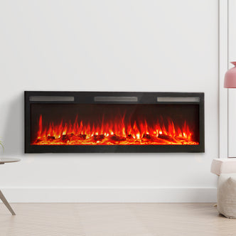 Nebraska 1500W Wall Mounted LED Electric Fireplace in Black features glowing faux logs and animated flames, set in a minimalist living space with a light wood floor and a side table with a plant.