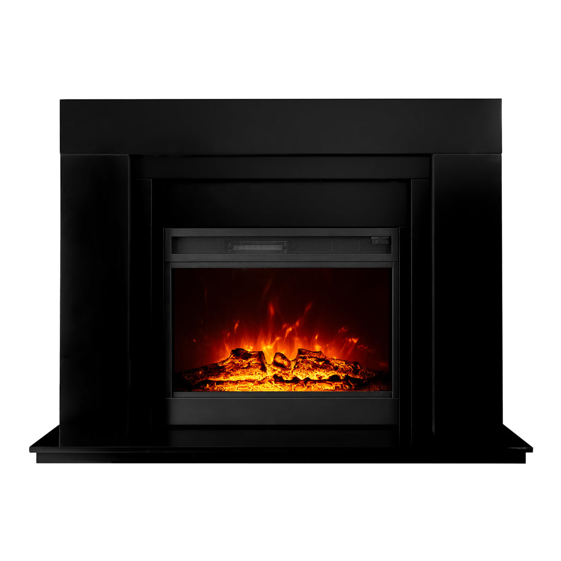 Oprah 1950W Free Standing Electric Mantel Fireplace in Black, featuring a matte-black surround with a glass-fronted firebox showcasing glowing logs, ember effects, and a flickering orange-red flame glow.