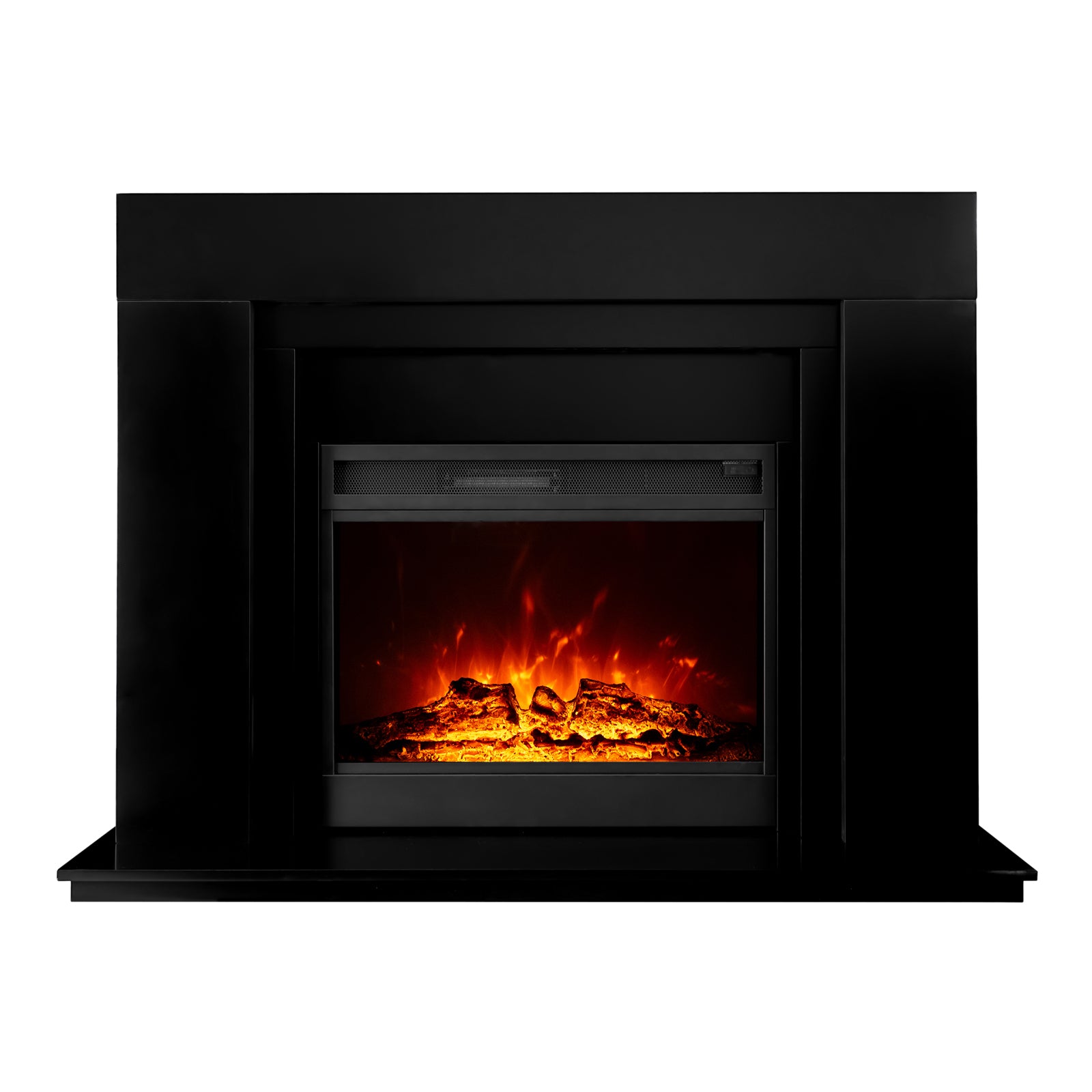 Oprah 1950W Free Standing Electric Mantel Fireplace in Black, featuring a matte-black surround with a glass-fronted firebox showcasing glowing logs, ember effects, and a flickering orange-red flame glow.