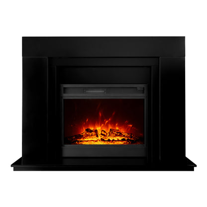 Oprah 1950W Free Standing Electric Mantel Fireplace in Black, featuring a matte-black surround with a glass-fronted firebox showcasing glowing logs, ember effects, and a flickering orange-red flame glow.