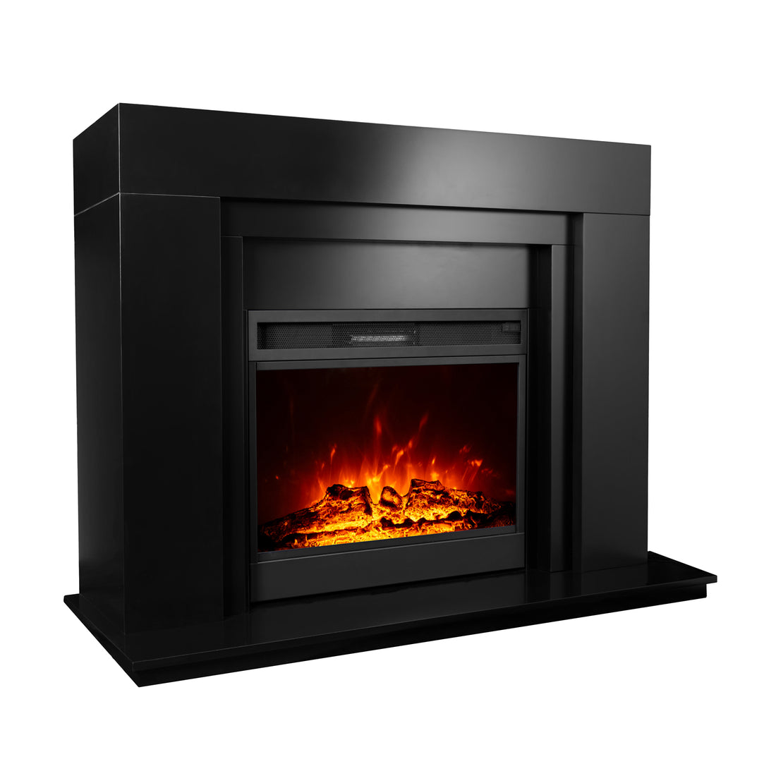 Oprah 1950W Free Standing Electric Mantel Fireplace in Black features a sleek black surround, realistic glowing logs, and simulated flames within a built-in firebox.