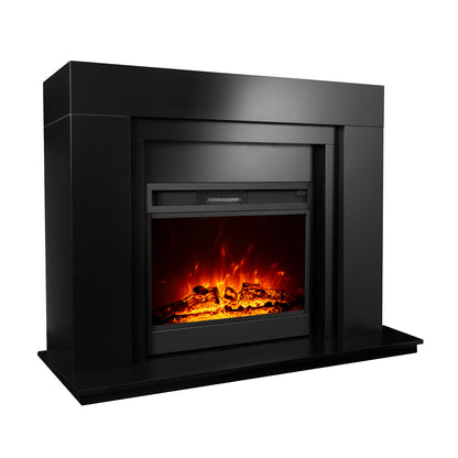 Oprah 1950W Free Standing Electric Mantel Fireplace in Black features a sleek black surround, realistic glowing logs, and simulated flames within a built-in firebox.