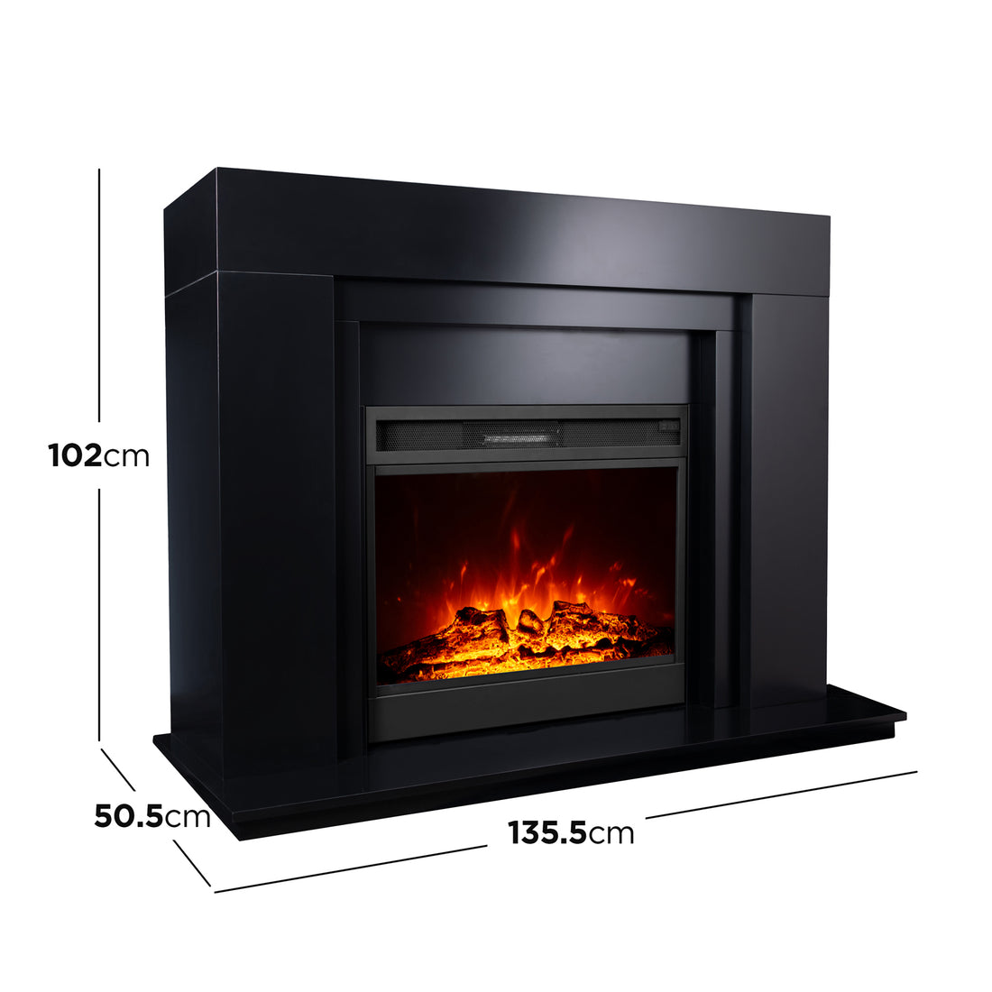 Oprah 1950W Free Standing Electric Mantel Fireplace in Black, featuring a faux-log, glowing-ember flame display, with dimensions labeled: Width 135.5 cm, Height 102 cm, Depth 50.5 cm.