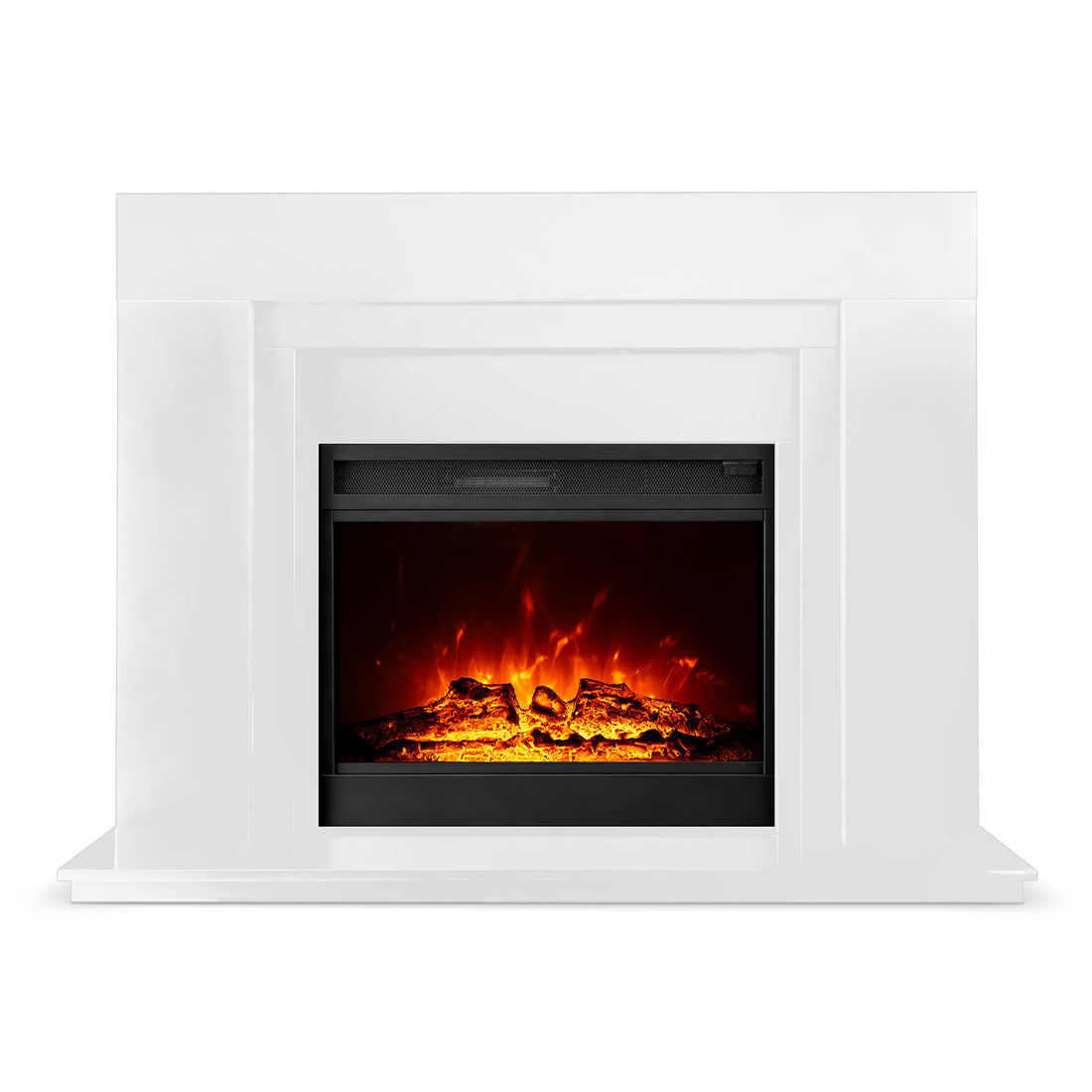 Oprah 1950W Free Standing Electric Mantel Fireplace in White, featuring glowing orange flames and embers inside, designed to resemble a traditional wood-burning fireplace with a modern, elegant appearance.