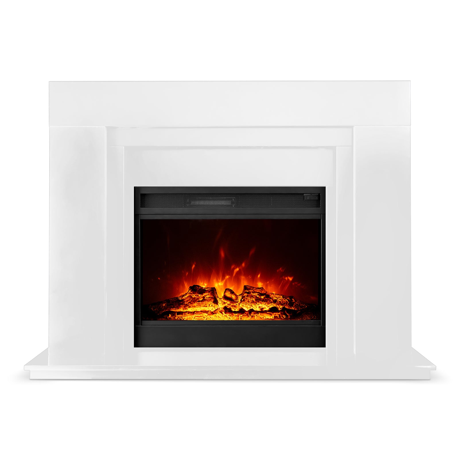 Oprah 1950W Free Standing Electric Mantel Fireplace in White, featuring glowing orange flames and embers inside, designed to resemble a traditional wood-burning fireplace with a modern, elegant appearance.