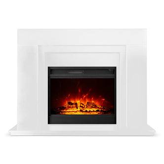 Oprah 1950W Free Standing Electric Mantel Fireplace in White, featuring glowing orange flames and embers inside, designed to resemble a traditional wood-burning fireplace with a modern, elegant appearance.