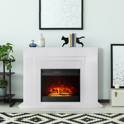 Oprah 1950W Free Standing Electric Mantel Fireplace in White, showcasing glowing embers, flickering flames, and a stylish mantel with vases, books, and art, enhancing modern living-room elegance.